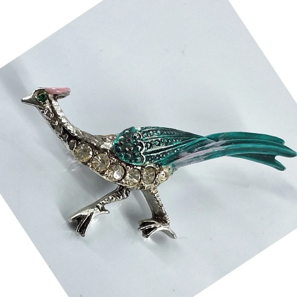 Vintage Silver Tone Teal Enamel Rhinestone Peacock Bird Brooch Pin Figural Art‎